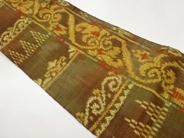 JAPANESE KIMONO / NAGOYA OBI / SILK / HAND WOVEN TSUMUGI / STRIPE & ABSTRACT FLORAL ARABESQUE